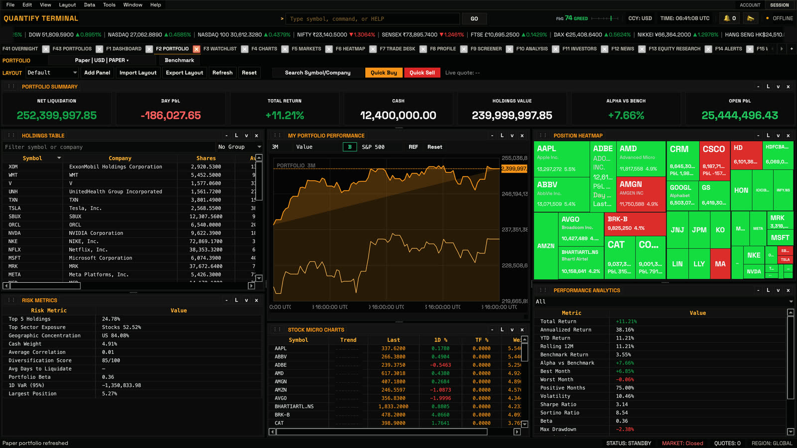 Quantify Terminal portfolio page with holdings, performance against a benchmark, a position heatmap and risk metrics