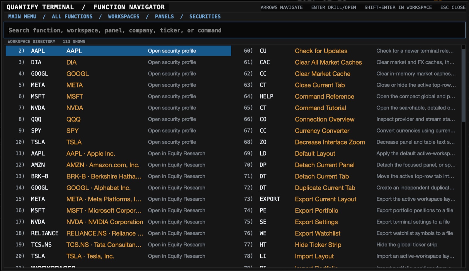 Function navigator with searchable workspaces, panels, securities, and terminal commands
