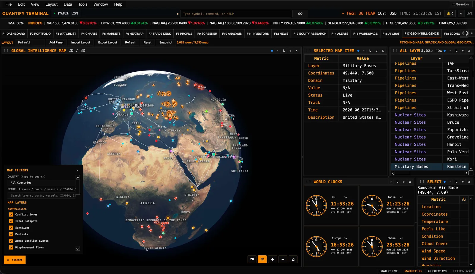 Geo intelligence 3D globe with bases, assets, world clocks, and weather