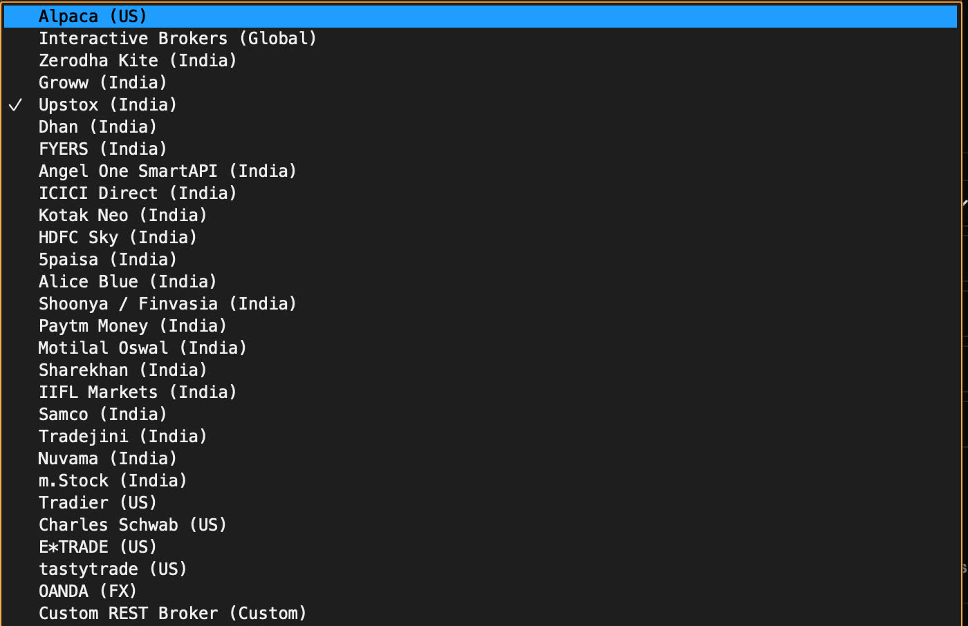 Broker selection list with Interactive Brokers, Zerodha, Upstox, and Alpaca for live trading