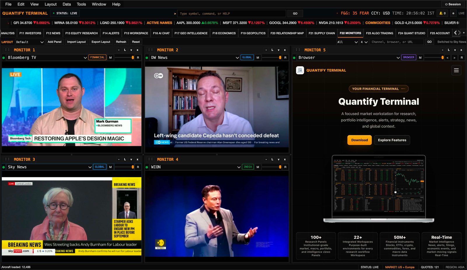 Live news and video desk with multiple streaming feeds and monitors