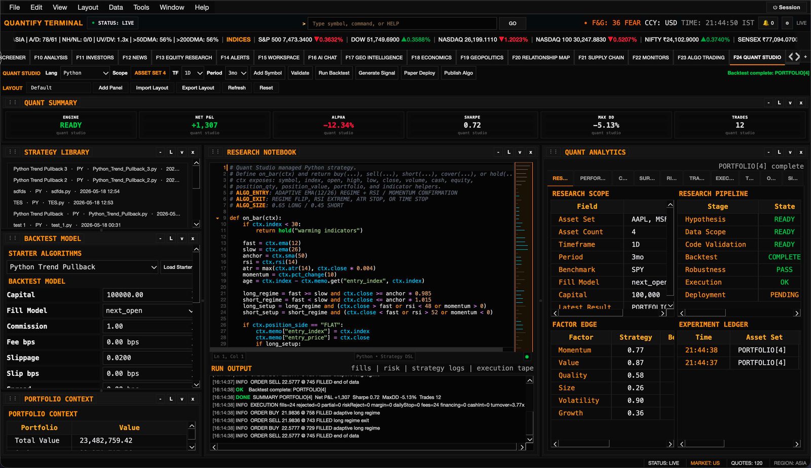Quant studio with a Python strategy notebook, backtest engine, and factor edge