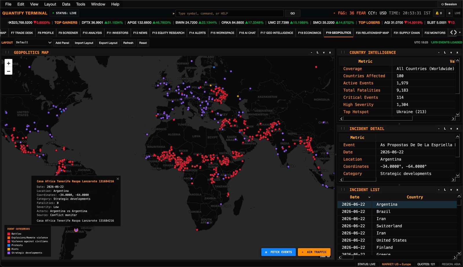 Geopolitics map with live conflict events, country intelligence, and air traffic