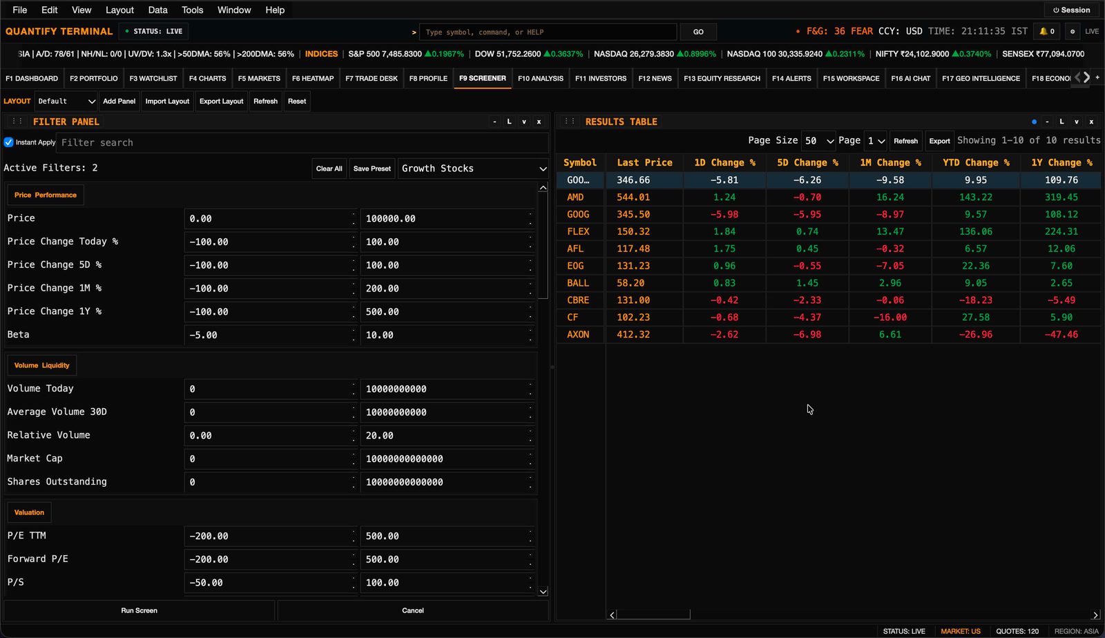 Stock screener with filter panel and results table